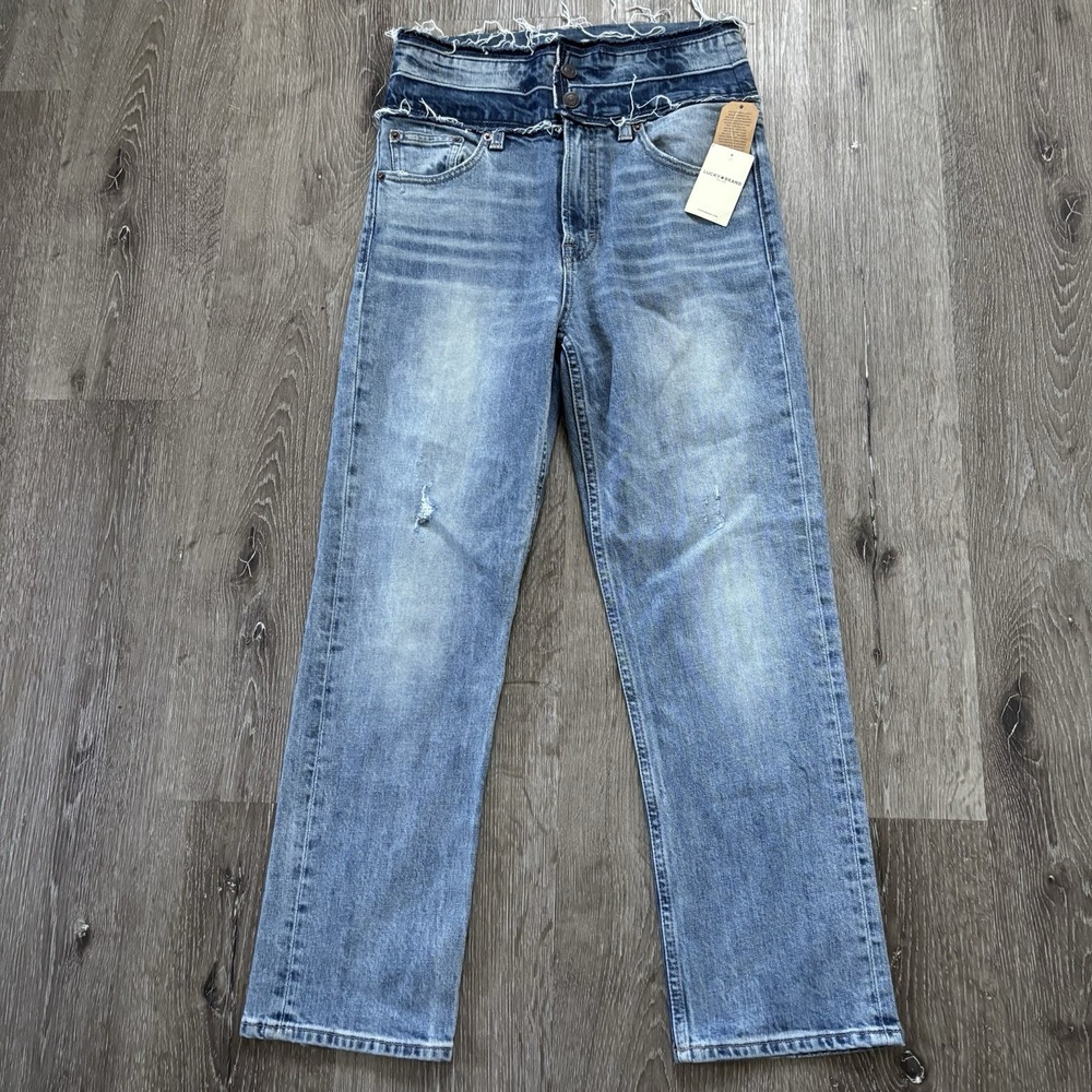 Lucky ReMade Pins Stacked Waist Jeans Sz 4/27 Blue Cropped‎ High Rise Frayed